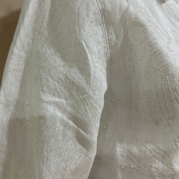 “Calyspo St. Barth 100% Linen Shirt – White Leaf Pattern w/ Lurex, - Picture 2 of 7